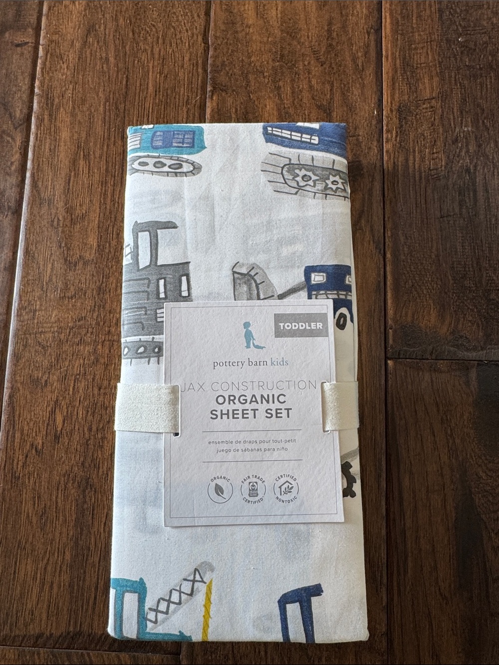 Pottery Barn Kids Jax Construction Organic Toddler Sheet Set - White & Blue